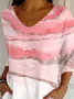 Women's Art Print Loose V Neck Casual T-Shirt
