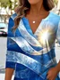 Retro Ethnic Pattern V-Neck Pointed Hem Sun Print Long Sleeve T-Shirt
