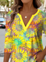 Retro Ethnic Pattern V-Neck Pointed Hem Sunflower Print Long-Sleeved T-Shirt