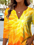 Retro Ethnic Pattern V-Neck Pointed Hem Sun Print Long Sleeve T-Shirt