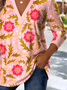 Retro Ethnic Pattern V-Neck Pointed Hem Sun Print Long Sleeve T-Shirt