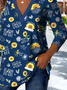 Ethnic Pattern V-Neck Pointed Hem Sunflower Print Long-Sleeved T-Shirt
