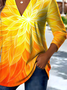 Retro Ethnic Pattern V-Neck Pointed Hem Sun Print Long Sleeve T-Shirt