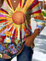 Retro Ethnic Pattern V-Neck Pointed Hem Sun Print Long Sleeve T-Shirt