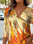Retro Ethnic Pattern V-Neck Pointed Hem Print Long Sleeve T-Shirt