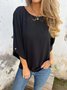Women's Three Quarter Sleeve T-shirt Spring/Fall Black Plain Jacquard Crew Neck Daily Going Out Casual Top
