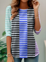 Elegant Commuting Simple Striped Pattern Print Round Neck Long Sleeve T-Shirt