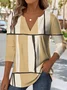 Elegant Commuter Striped Patchwork Pattern Print V-Neck Long-Sleeved T-Shirt