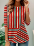 Elegant Commuting Simple Striped Pattern Print Round Neck Long Sleeve T-Shirt