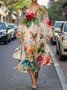 Simple Floral Puff Sleeve V Neck Regular Fit Dress