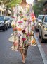 Simple Floral Puff Sleeve V Neck Regular Fit Dress
