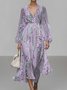 Regular Fit Puff Sleeve V Neck Striped Street Dress