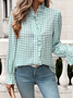 Temperamental And Simple French Style Ruffled Long-Sleeved Plaid Shirt