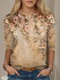Women's Long Sleeve T-shirt Spring/Fall Khaki Floral Printing Jersey Crew Neck Daily Going Out Casual Top