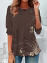 Women's Long Sleeve T-shirt Spring/Fall Brown Floral Printing Jersey Crew Neck Daily Going Out Casual Top