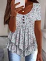 Temperament And Elegance Three-Button Casual Fake Two-Piece Printed Short-Sleeved Top