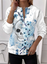 Women's Quarter Zip Floral Skull Casual Long Sleeve Crew Neck Sweatshirt