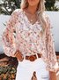 Women's Long Sleeve Shirt Spring/Fall Green Floral Split Joint V Neck Balloon Sleeve Daily Going Out Casual Top