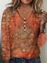 Women's Long Sleeve T-shirt Spring/Fall Red Geometric Printing V Neck Daily Going Out Vintage Top
