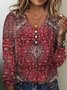 Women's Long Sleeve T-shirt Spring/Fall Red Geometric Printing V Neck Daily Going Out Vintage Top