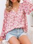 Women's Long Sleeve Shirt Spring/Fall Green Floral Split Joint V Neck Balloon Sleeve Daily Going Out Casual Top