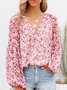 Women's Long Sleeve Shirt Spring/Fall Green Floral Split Joint V Neck Balloon Sleeve Daily Going Out Casual Top