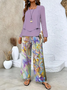 Women's Printing Floral Daily Going Out Two-Piece Set Purple Casual Spring/Fall Top With Pants Matching Set