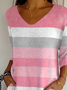 Women's Three Quarter Sleeve T-shirt Spring/Fall As Picture Striped Printing V Neck Daily Going Out Casual Top