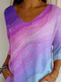 Women's Three Quarter Sleeve T-shirt Spring/Fall Purple Abstract Printing V Neck Daily Going Out Casual Top
