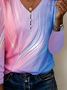 Women's Abstract Print Casual Pearl Button V-Neck Long Sleeve T-Shirt
