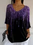 Women's Three Quarter Sleeve T-shirt Spring/Fall Black Abstract Printing V Neck Daily Going Out Casual Top