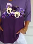 Women's Three Quarter Sleeve T-shirt Spring/Fall Purple Floral Printing V Neck Daily Going Out Casual Top