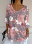 Women's Three Quarter Sleeve T-shirt Spring/Fall As Picture Floral Printing V Neck Daily Going Out Casual Top