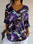 Women's Three Quarter Sleeve T-shirt Spring/Fall Purple Dragonfly Printing V Neck Daily Going Out Casual Top