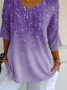 Women's Three Quarter Sleeve T-shirt Spring/Fall Purple Floral Printing V Neck Daily Going Out Casual Top