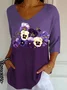 Women's Three Quarter Sleeve T-shirt Spring/Fall Purple Floral Printing V Neck Daily Going Out Casual Top