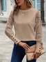 Solid color long sleeve embroidered lace patchwork waffle round neck top
