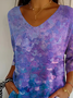 Women's Three Quarter Sleeve T-shirt Spring/Fall Blue Purple Abstract Printing V Neck Daily Going Out Casual Top