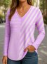 Regular Fit Women's Commuter Striped V-Neck Long Sleeve T-Shirt