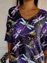 Women's Three Quarter Sleeve T-shirt Spring/Fall Purple Dragonfly Printing V Neck Daily Going Out Casual Top