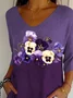 Women's Three Quarter Sleeve T-shirt Spring/Fall Purple Floral Printing V Neck Daily Going Out Casual Top
