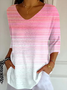 Women's Three Quarter Sleeve T-shirt Spring/Fall Pink Abstract Stripes Printing V Neck Daily Going Out Casual Top