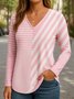 Regular Fit Women's Commuter Striped V-Neck Long Sleeve T-Shirt