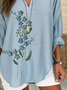 Women's Long Sleeve Blouse Spring/Fall Blue Floral Printing Cotton-Blend V Neck Daily Going Out Casual Top