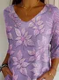 Women's Three Quarter Sleeve T-shirt Spring/Fall Purple Floral Printing V Neck Daily Going Out Casual Top