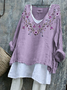 Loose Cotton Linen Floral T-Shirt