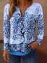 Women's T-shirt Botanical Pattern Elegant Retro Fashion Long Sleeve V-Neck Zipper Print Spring Autumn