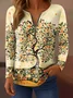 Women's T-shirt Botanical Pattern Elegant Retro Fashion Long Sleeve V-Neck Zipper Print Spring Autumn