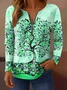 Women's T-shirt Botanical Pattern Elegant Retro Fashion Long Sleeve V-Neck Zipper Print Spring Autumn