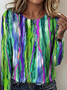 Women's Gradient Pattern T-shirt Elegant Retro Round Neck Long Sleeve Spring and Autumn Top